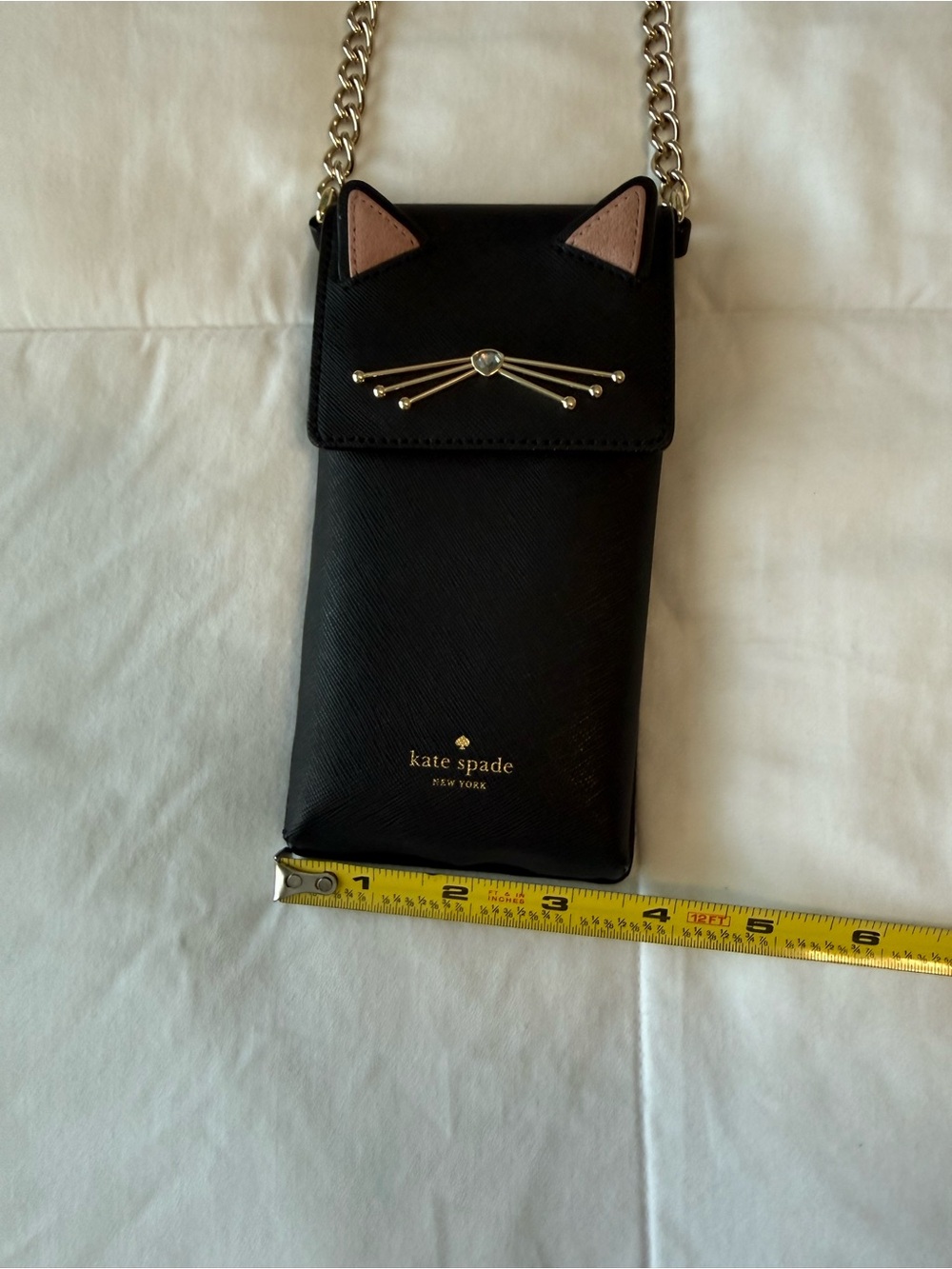 Kate Spade Black Cat Leather Crossbody Phone Bag with Chain-and-Leather Strap - Picture 10 of 12